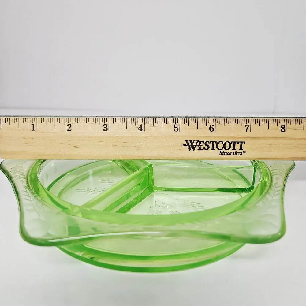Vtg Green Uranium Vaseline Glass 3 Part Serving Dish Jewelry organizer Trinket